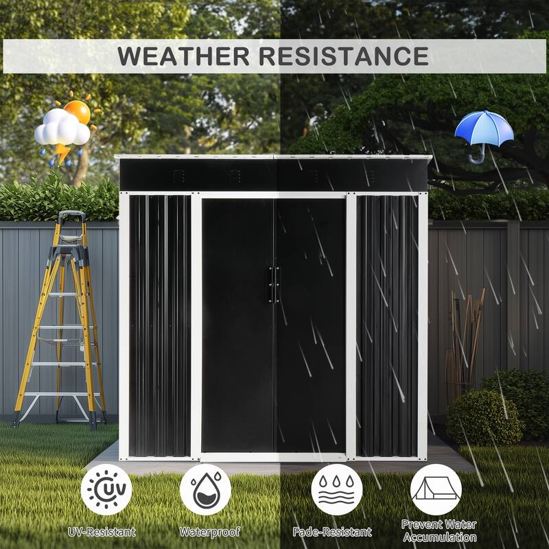 6 x 4 Ft Outdoor Storage Shed Black Galvanized Iron Garden Tool Organizer with Locking Sliding Doors - 75.6" x 49" x 73.2"