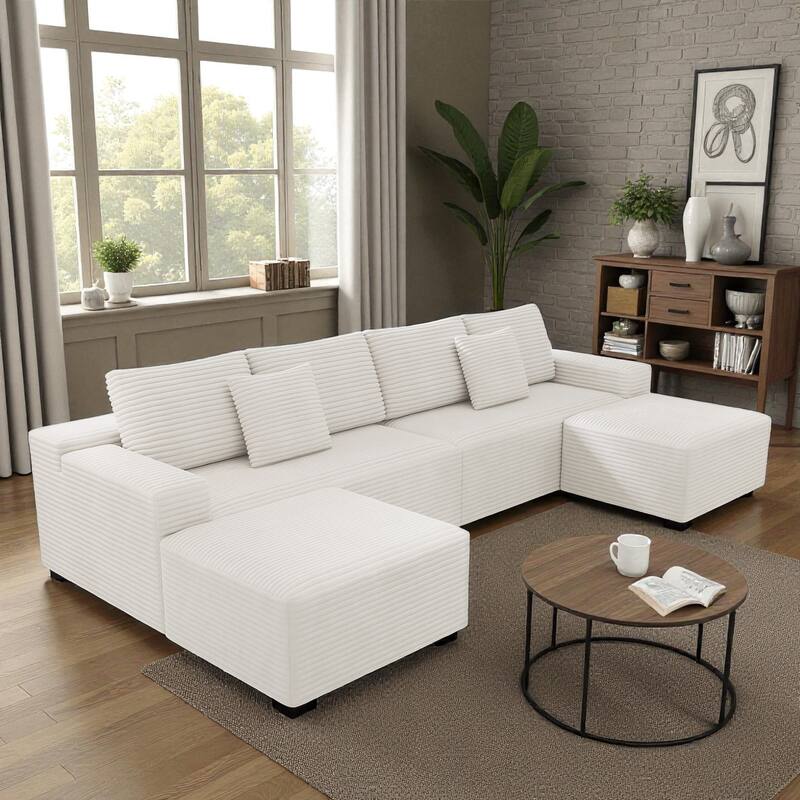 137.8" Modular Sectional Sofa 4-Piece Upholstered Corduroy Couch No Assembly Required, Plush Foam Seating for Living Room - White