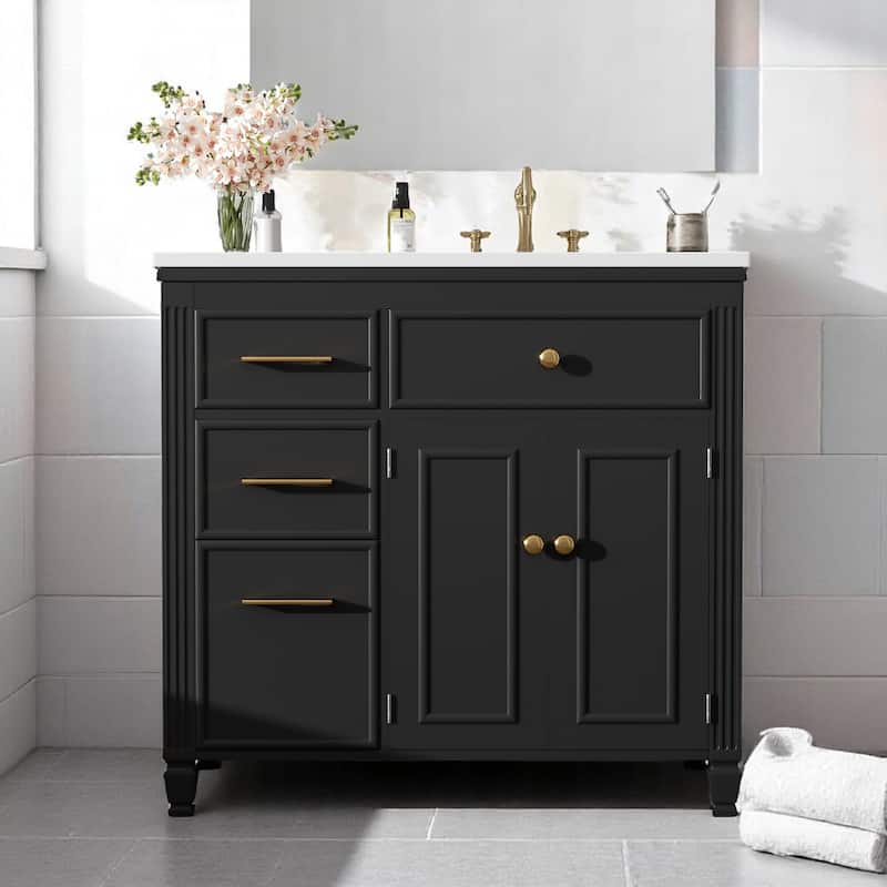 Modern 36 Inch Bathroom Vanity with Right-Side Sink, Storage Drawers, Adjustable Shelf, Painted MDF Finish - Black