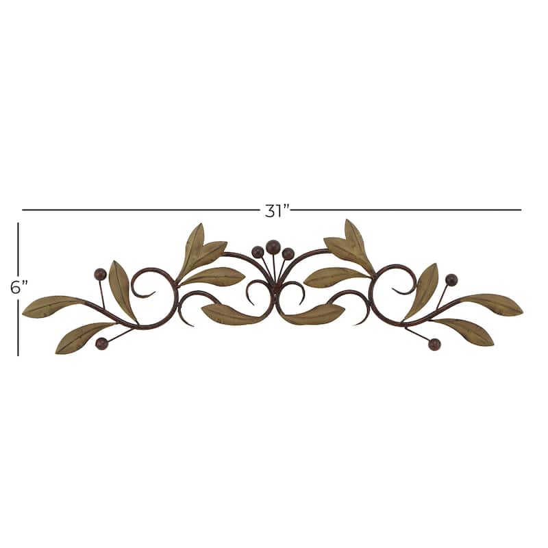 Metal Leaf Home Wall Decor with Scrolled Vine - Green or Red - Roche River Decor