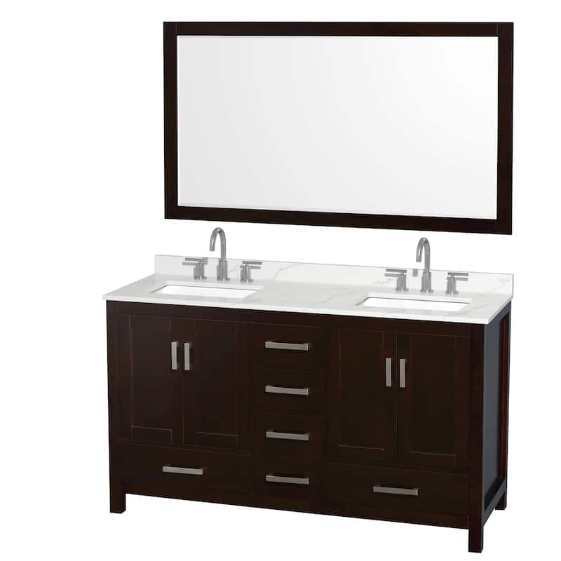 Sheffield 60-inch Double Vanity, 3 Hole Quartz Top, 58-inch Mirror - Espresso, Chrome Trim, Giotto Quartz Top