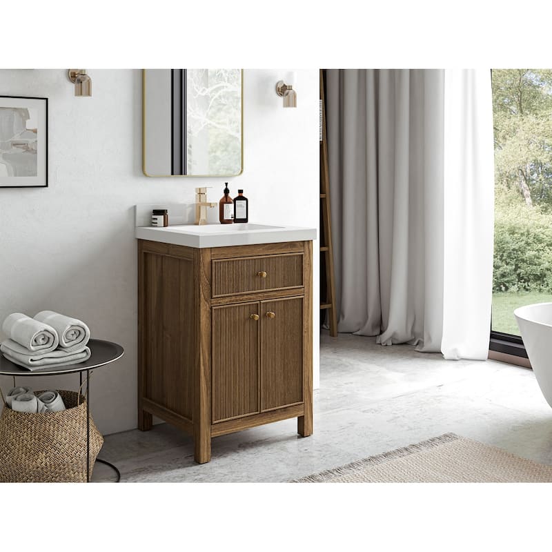 Willow Collections 24 x 22 Sonoma Teak Wood Single Bowl Sink Bathroom Vanity in Golden Teak with Countertop