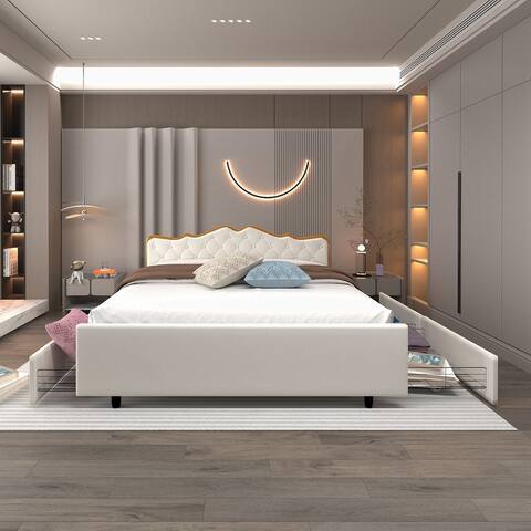 King Size Metal Frame, Solid Wood Ribs Bed with Buckle Backrest, Storage Drawers