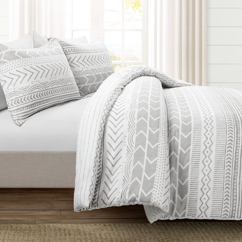 Lush Decor Hygge Geo Reversible 3 Piece Cotton Duvet Set - White/Grey - Full - Queen