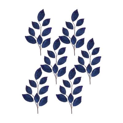 Navy Magnolia Leaf Spray with Bead Accent (Set of 6) - N/A