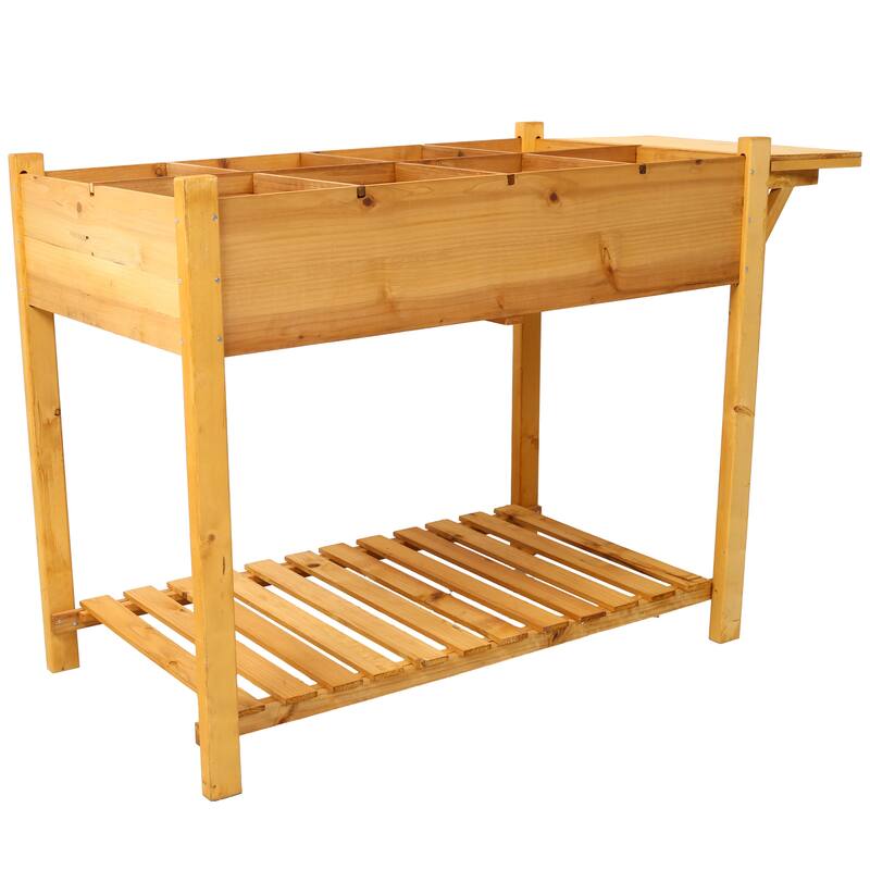 Country Rustic Style Garden Bed with Foldable Side Table and Storage Shelf, for Herb Vegetables Flowers Outdoor Gardening