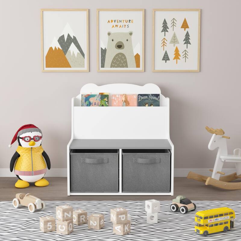 Kids Bookshelf With Storage Bins-Wooden Bookcase With Book Display Shelf And 2 Fabric Bins,Cute Bear-Shaped Backboard