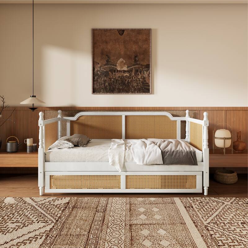 Rattan Frame Daybed with Pull-out Storage Drawers Bookcase Bed - Wooden Sofa Bed with Trundle Bed Platform Bedframe - Open Bed - Antique White with Trundle - Twin