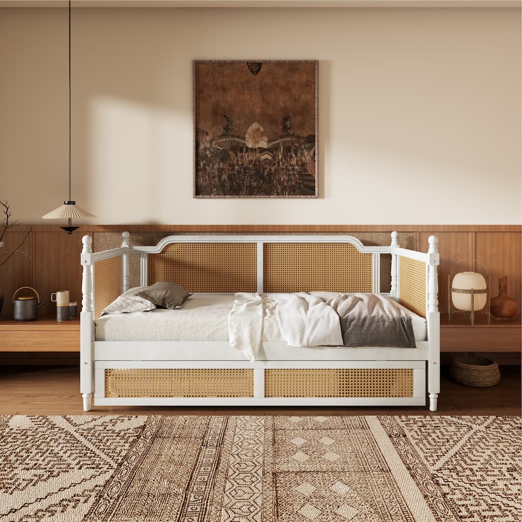 Traditional Rattan Daybed Frame/Wood Sofa Bed Frame w/Trundle for Bedroom Small Space Guestroom Living Room/No Box Spring Needed