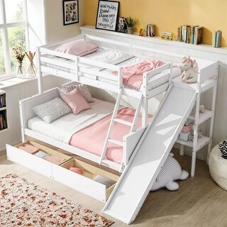Comprehensive Fun Design Bunk Bed with 2 Drawers, Slide, Shelves, Ladder, Twin over Full