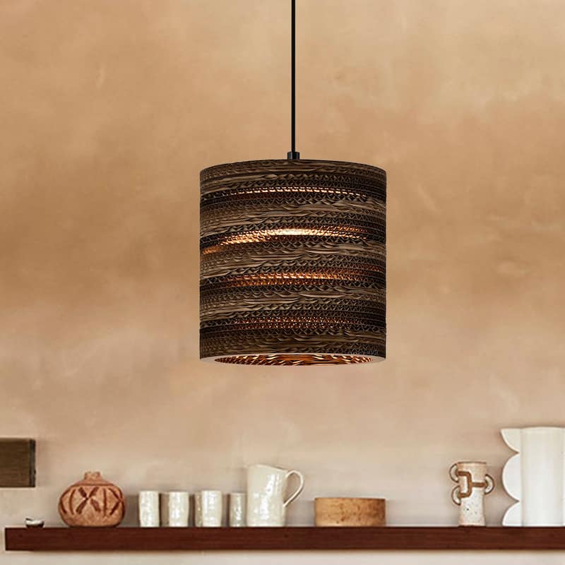 1-light Brown Natural Pendant Light With Nordic Style Cylinder Cardboard Shade For Dining Table