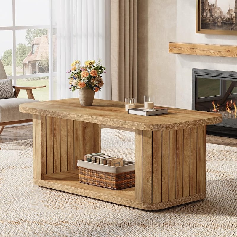 2-Tier Rectangle Coffee Table, 47.24-Inch Farmhouse Wood Center Tables for Living Room