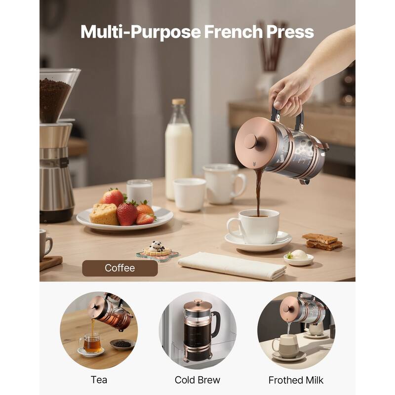 Large 1L Glass French Press for Coffee, Tea, and Cold Brew - 6.69 x 4.13 x 8.46 inch