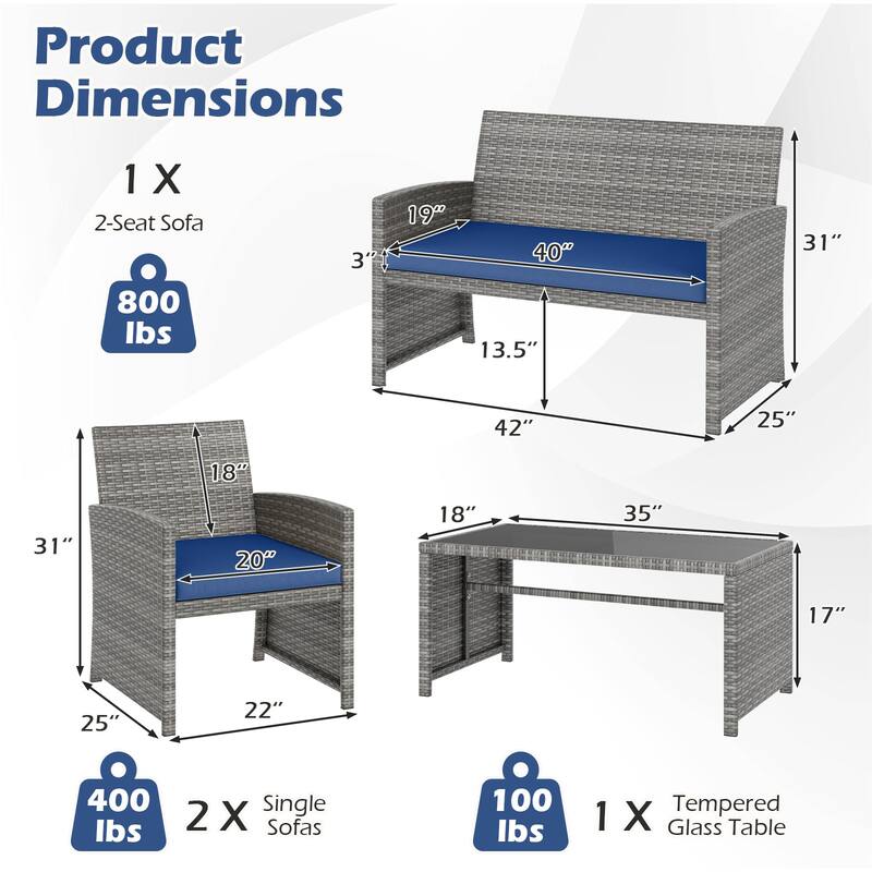 Gymax 4 Piece Patio Furniture Set Outdoor Wicker Conversation Set w/