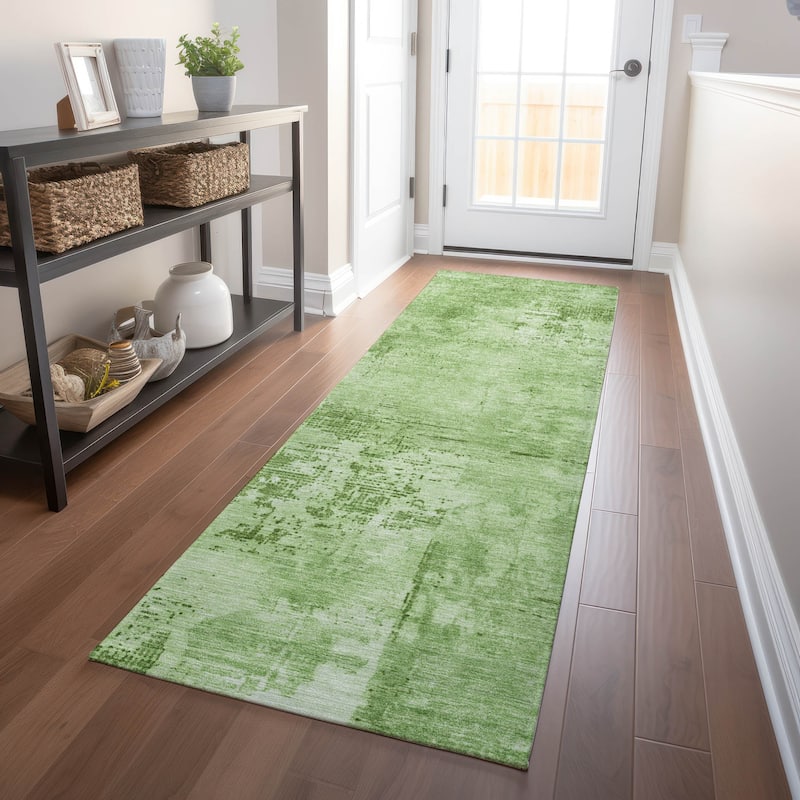 Machine Washable Indoor/ Outdoor Abstract Modern Chantille Rug - Green - 2'3" x 7'6"