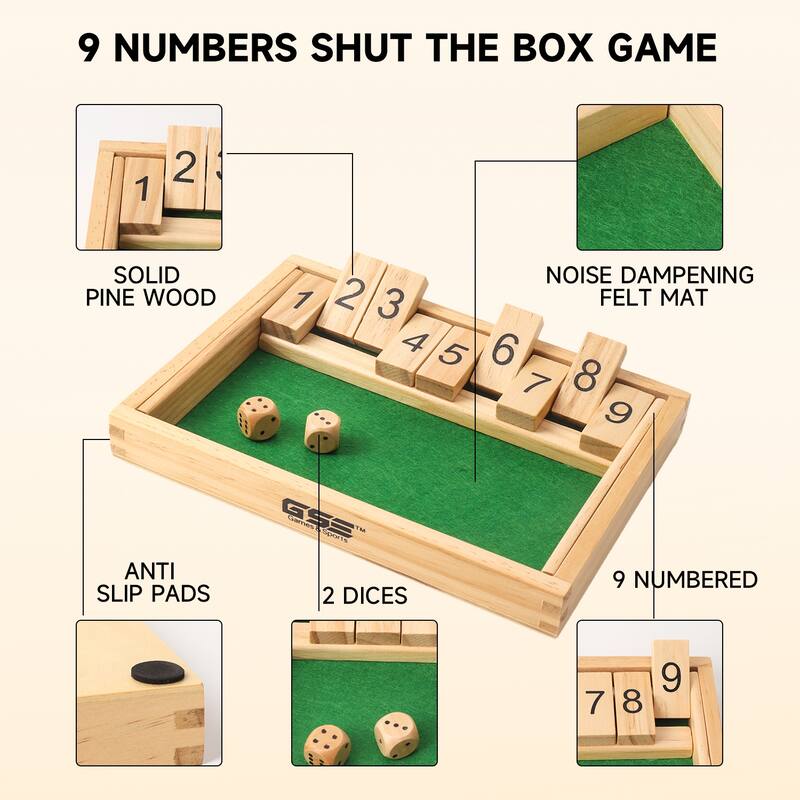 GSE™ Wooden 9 Number Shut The Box Dice Game Set for Family Game Night, Dice Table Games, Bar Games