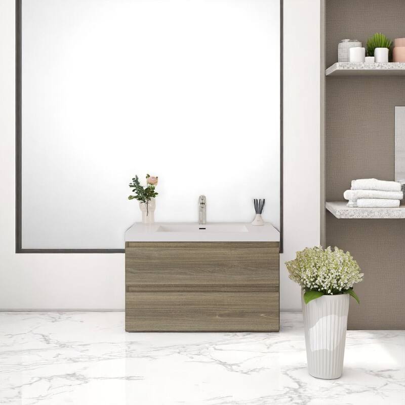 30" Wall-Mounted Bathroom Vanity with Resin Sink - Floating Bathroom Cabinet with Soft-Close Hinges,Floating Vanity Cabinet - Grey - 36 in Wood Grey