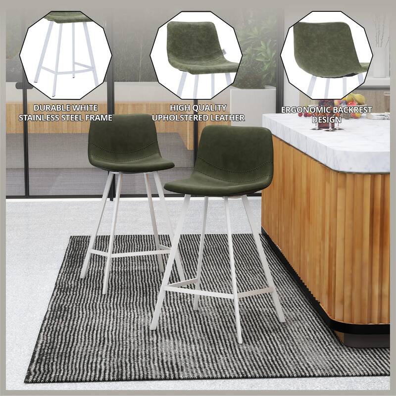 Elland Leather Bar Stool - Modern Counter Height Stool with White Stainless Steel Legs for Kitchen Island or Home Bar Set of 2
