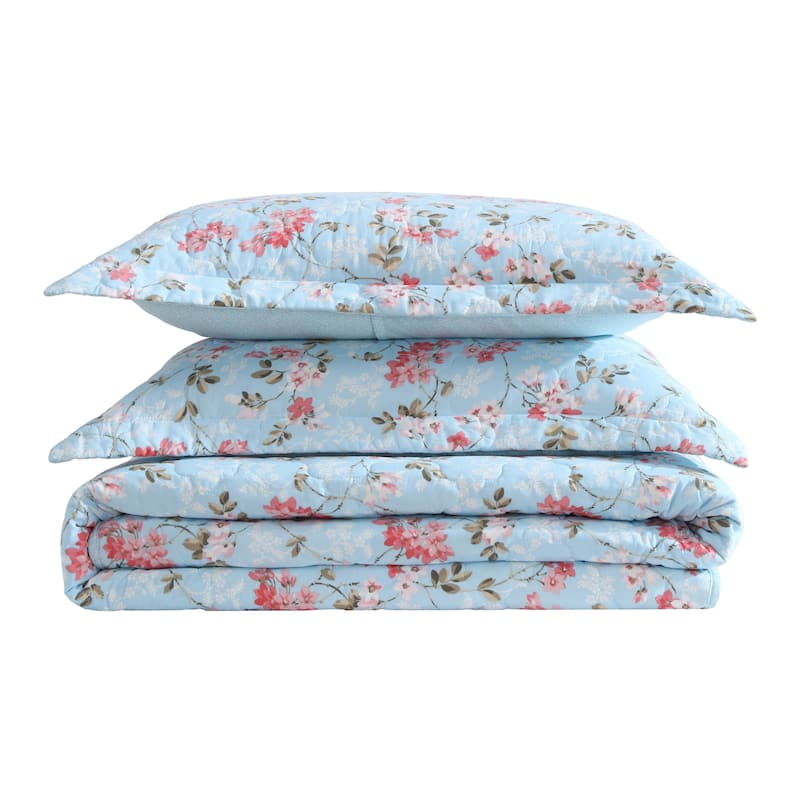 Laura Ashley Blissful Dream Cotton Reversible Blue Quilt Set