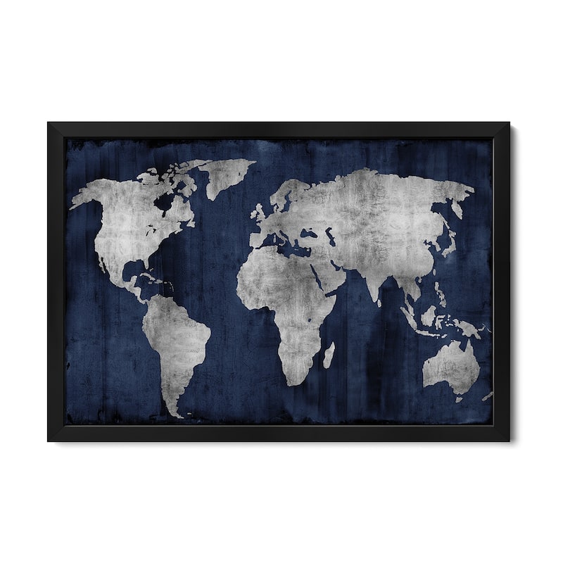 The World - Silver On Blue Premium Framed Poster by Russell Brennan - Black - 32x24x1