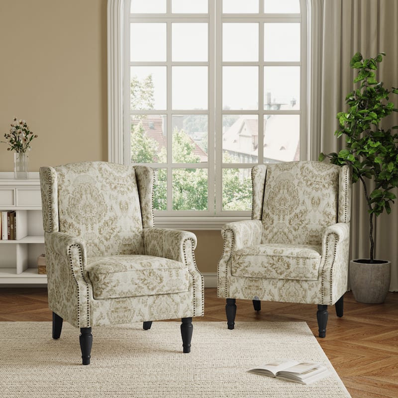 2 Set Transitional Patterned Wingback Accent Chairs with NailHead - White