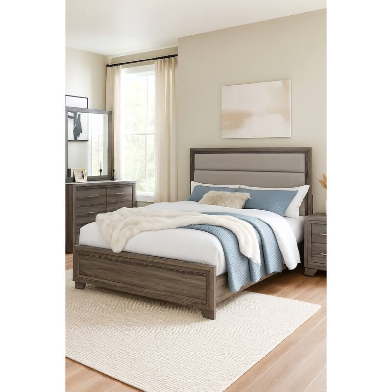 Reay 4 Piece Queen Bedroom Set with Dressers, Upholstered, Gray Brown