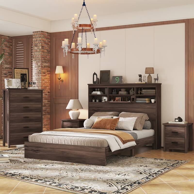 4-Pieces Bedroom Sets Vintage Wooden Bed Frame