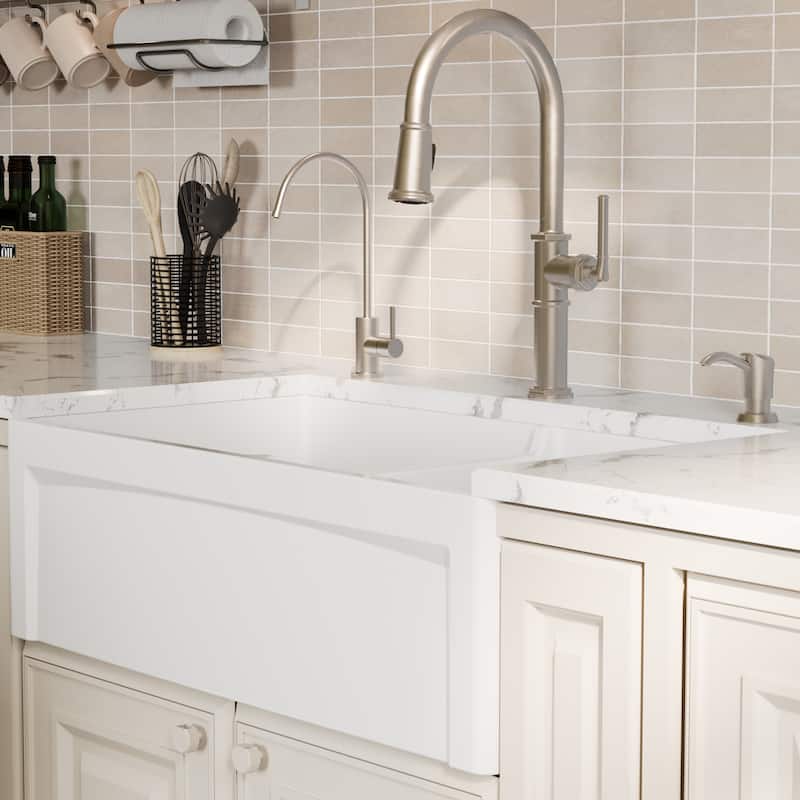 Karran 33" Double Bowl Panel Front Farmhouse Fireclay Kitchen Sink with Reversible Apron Front