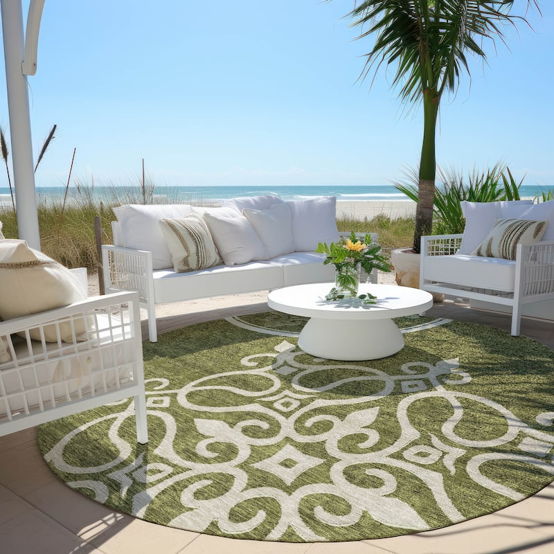 Machine Washable Indoor/ Outdoor Chantille Bold Medallions Rug - Olive - 8' x 8'