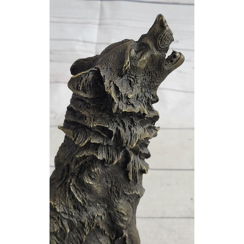 Wolf Howling At The Moon Bronze Statue Sculpture Figurine Signed Art 11 Inches X 12 Inches