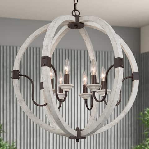 Farmhouse 6-Light Weathered White Wood Chandelier Orb Pendant Lights - 23.5"W x 23.5"H