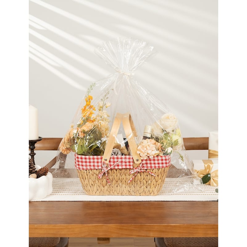Wicker Basket with Wood Handle, Water Hyacinth Basket for Easter, Gift, Picnic - 15"D x 9.75"W x 7"H