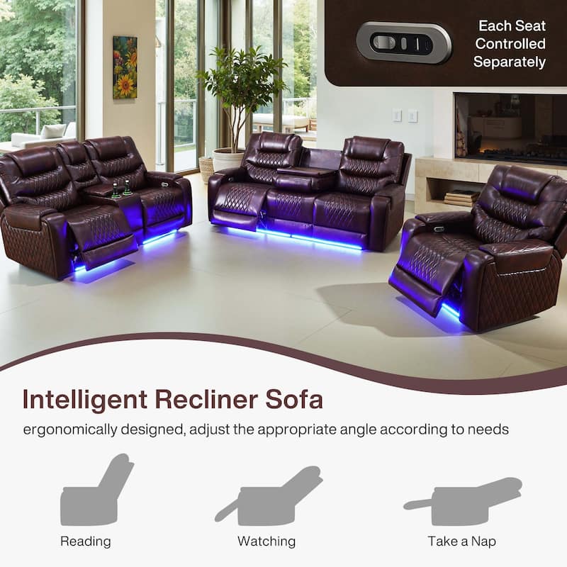 Breathing Leather 3-Piece Couch Recliner Sofa Set for Living Room