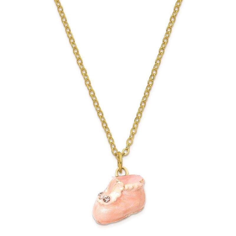 Curata Pewter Crystals Gold-Tone Enameled ItS a Girl Pink Baby Bootie Trinket Box on 18 Inch Necklace