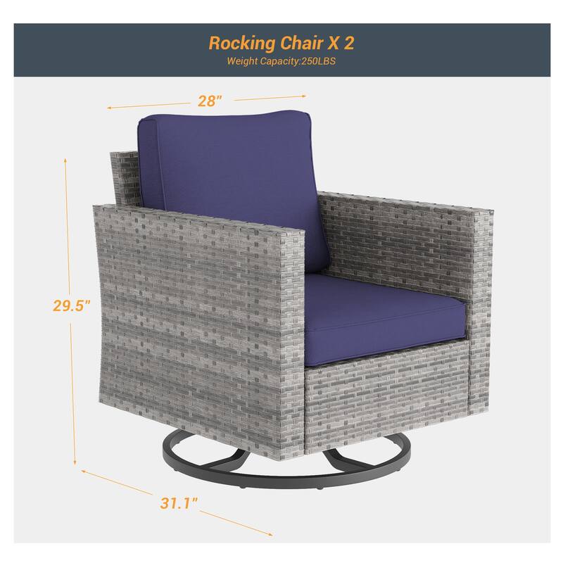 Livoosun Patio Outdoor Furniture Gray Rattan Swiveling Rocker Chairs Set With Thick Cushions