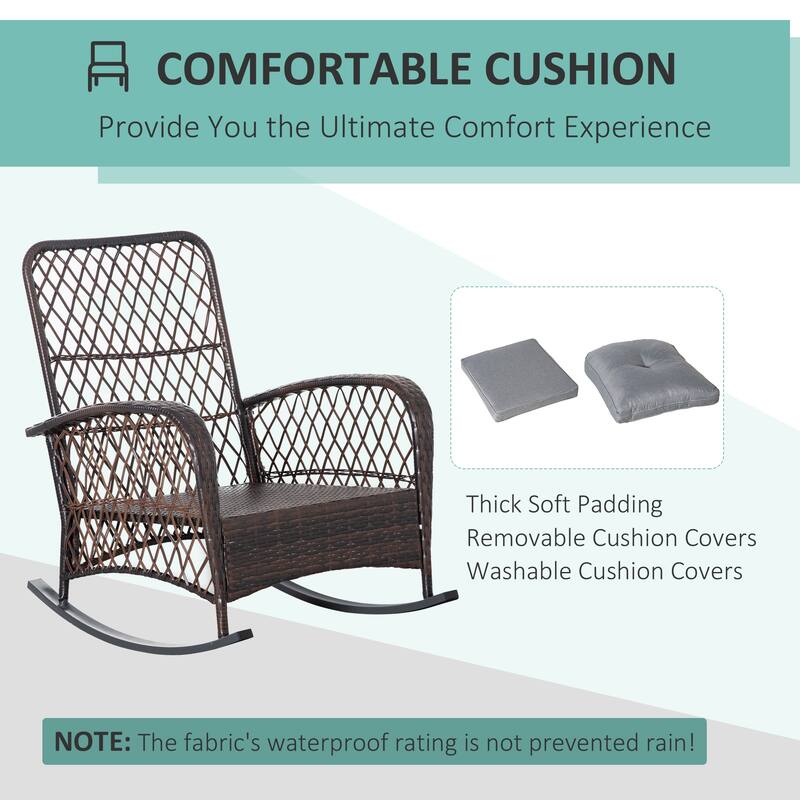 Outsunny Outdoor Wicker Rocking Chair with Widen Seat, Thickened Cushion, Rattan Rocker with Steel Frame