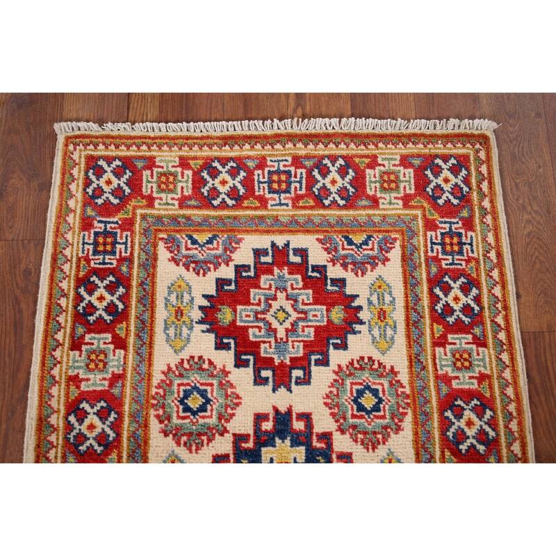 Ivory Kazak Oriental Accent Rug Hand-Knotted Wool Carpet - 1'10" x 2'10"
