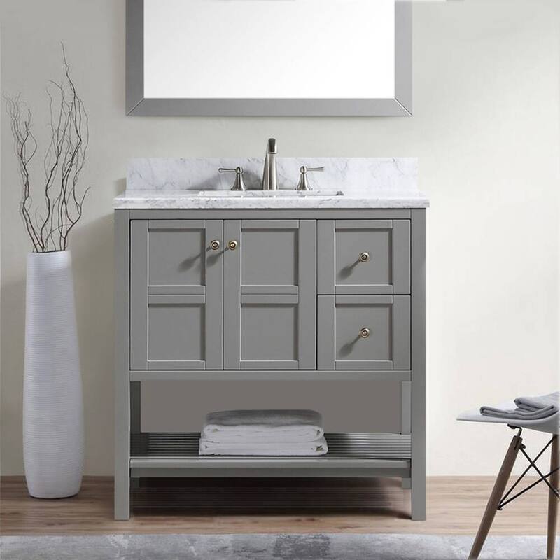 BATHLET Grey 36 inches Bathroom Vanity with Marble Top and Open Shelf