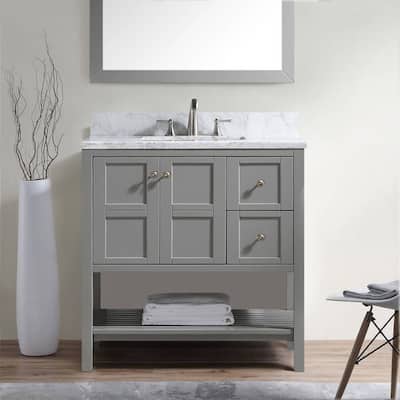 BATHLET Grey 36 inches Bathroom Vanity with Marble Top and Open Shelf