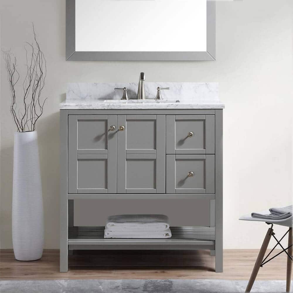 BATHLET Grey 36 inches Bathroom Vanity with Marble Top and Open Shelf