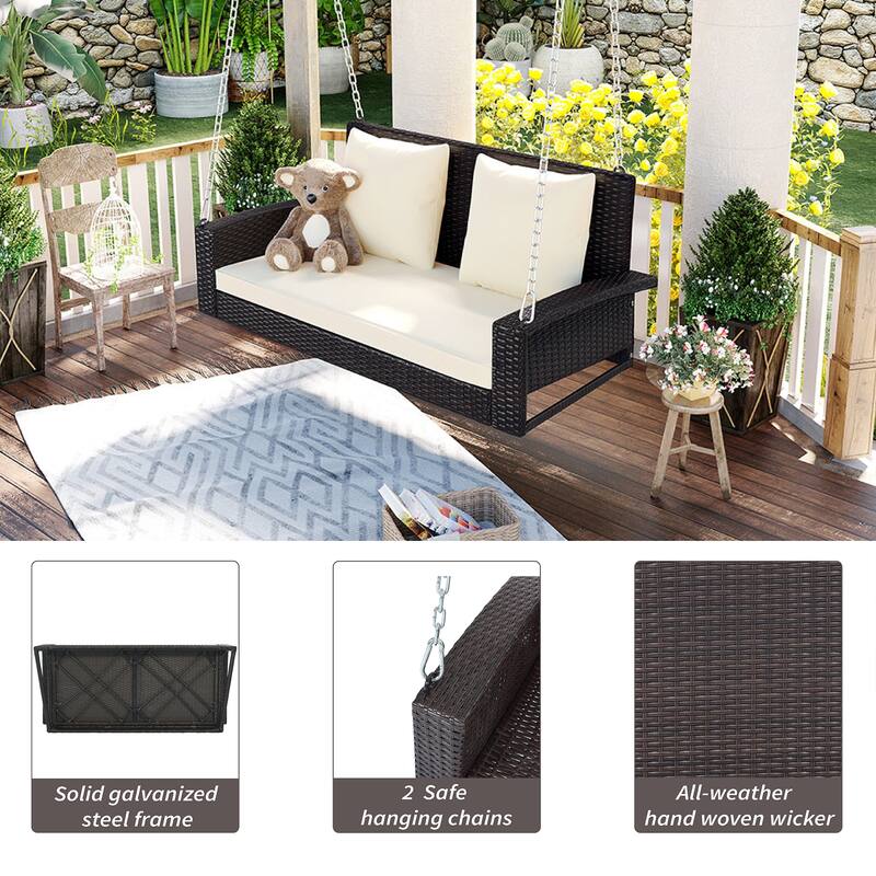Wicker Porch Swing for 2 with Includes Cushion and Pillows, 500lb Capacity Rust-Proof Chains