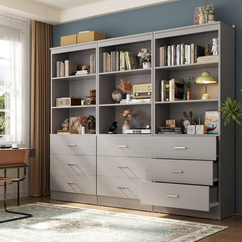 23.6" W Closet System with 3 Wooden Drawers and Storage Shelves, 2FT Sturdy Walk-in Organizer Storage Unit - Grey - Set of 3 (70.8'' W)