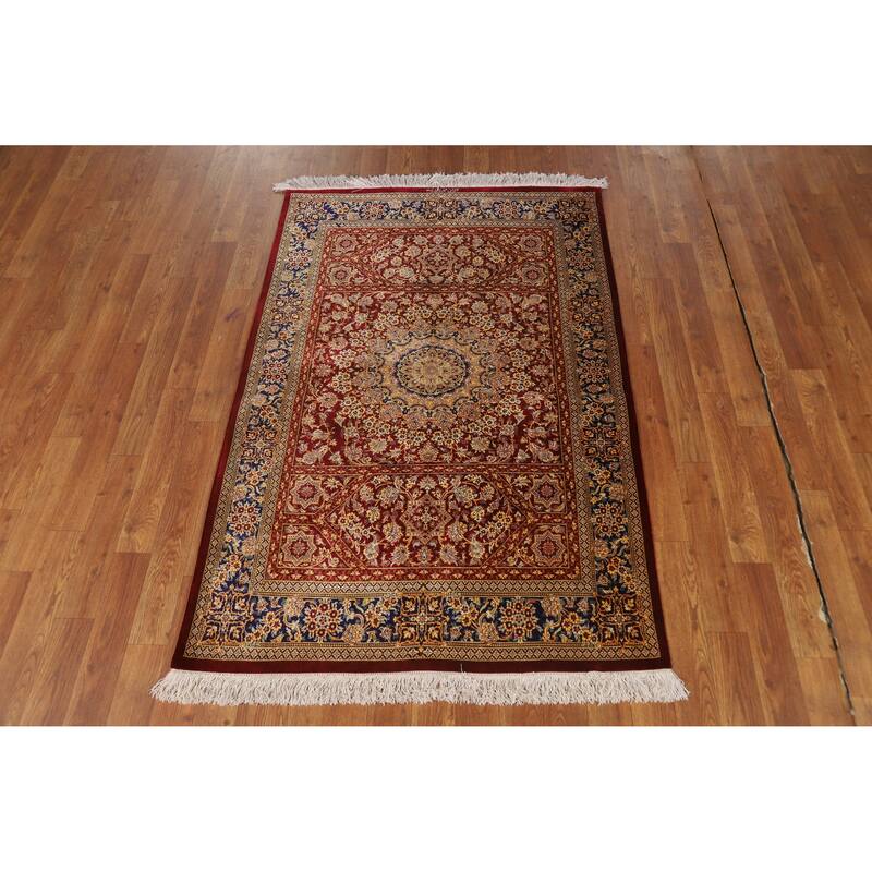 Hand Knotted Oriental Silk Carpet Traditional Floral Red Qum Area Rug - 4' 10'' X 3' 3''