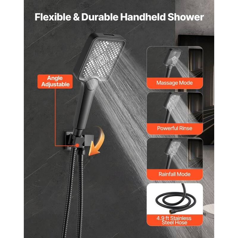 Matte Black 3-Function Rainfall Shower System with 4-in-1 Handheld Side and Overhead Shower