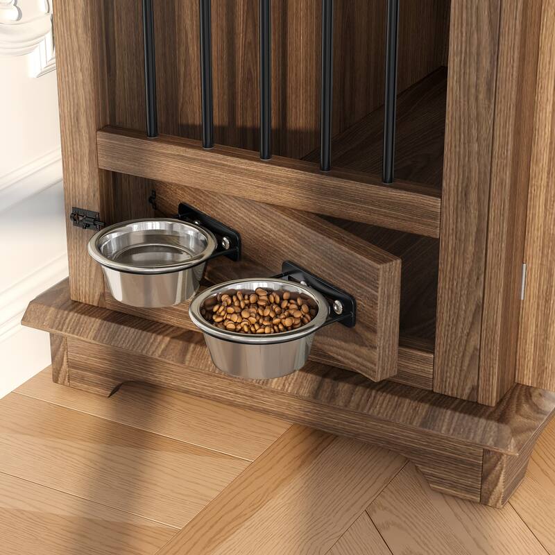 Anmytek 44.48" Large Dog Crate Furniture 3 in 1 End Table with 2 Storage Drawers and Rotating Bowls