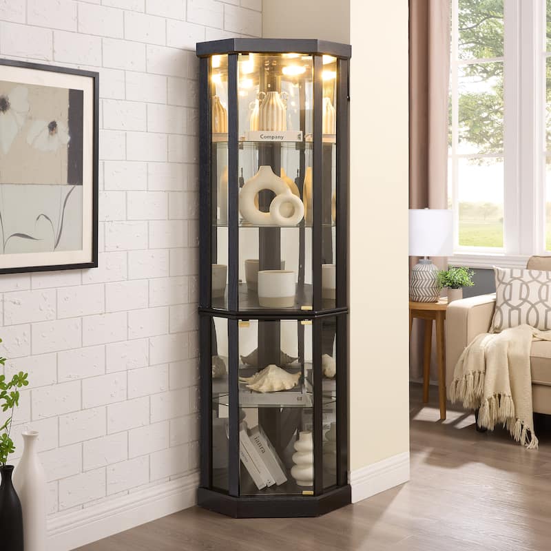 Lighted Corner Curio Cabinet - Elegant Glass Display Case for Living Room & Bar Storage - Includes Built-in Lighting