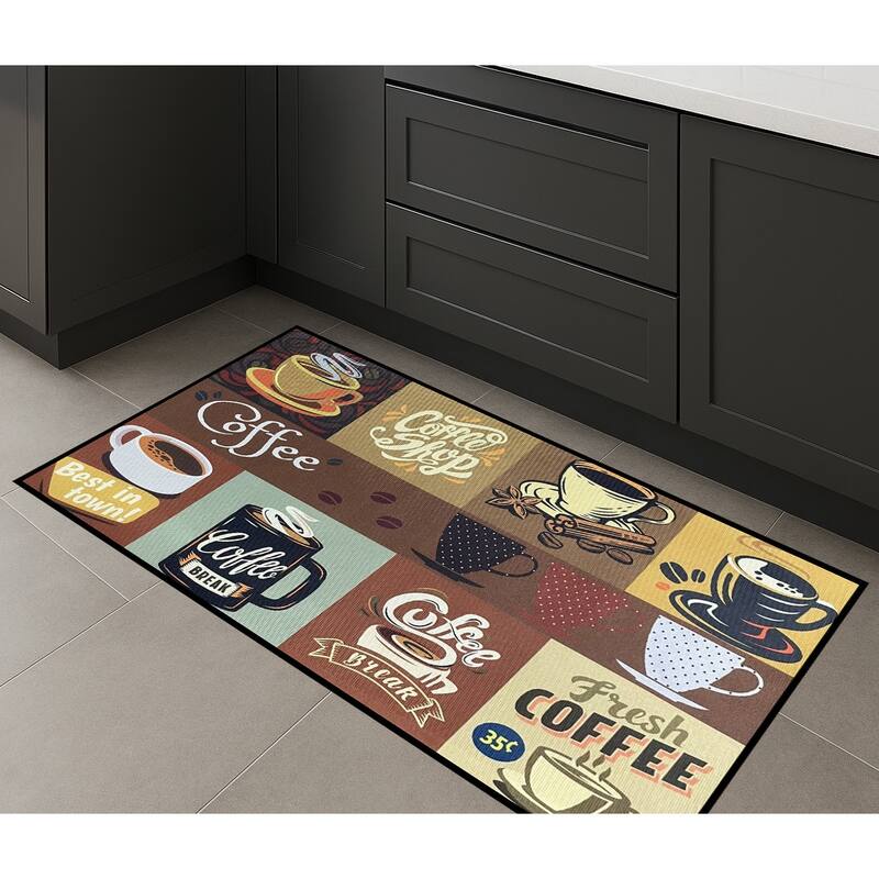 36" x 19" - Brown Geometric Coffee Modern Non-Slip Washable Low Pile Kitchen Mat - 36" x 19" - 36" x 19" - Brown