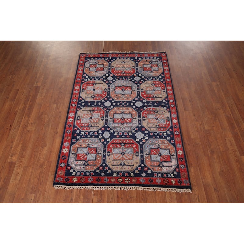 Geometric Navy Blue Khotan Indian Rug Hand-Knotted Wool Carpet - 4'0"x 6'1"