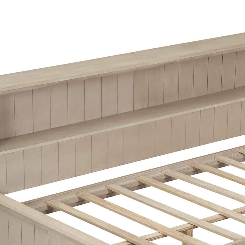 L-shaped Platform Bed Wood Daybed Frame with Side Storage Shelves and 2 Sliding Doors, 3 Drawers Under Bed, Antique White