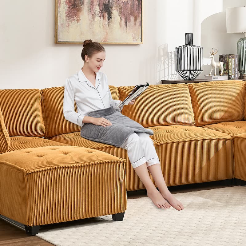 U-Shaped Corduroy Upholstered 6-Seat Convertible Modular Sectional Sofa Fit for Living Room